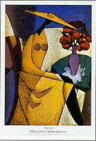 Sharp Sister by Joseph Holston features a woman in a yellow wide brimmed hat and a matching dress sitting at a table adorned with flowers. Joseph Holston Art at Heritages Fine Art Gallery. Joseph Holston art for sale. Joseph Holston prints.