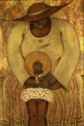 Me ma. April Harrison artist. Black female artist. Black fine art. African american wall art and prints. April Harrison art for sale. Black grandmother in yellow hat and yellow outfit goes to pick up her small granddaughter who is also wearing a hat.