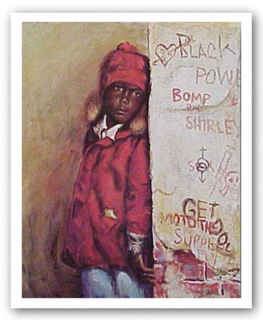 Ghetto Boy by Joseph Holston features a young black child around eight years old in a red jacket and hat.  He stands against a graffiti'd wall.  Joseph Holston Art at Heritages Fine Art Gallery.  Joseph Holston art for sale. Joseph Holston prints.
